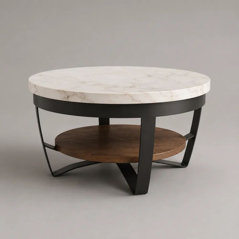 Runder Couchtisch aus MDF und Stahl mit Ablage, Marmoroptik, Weiß/Grau/Braun/Schwarz, Ø 80 × H 45 cm