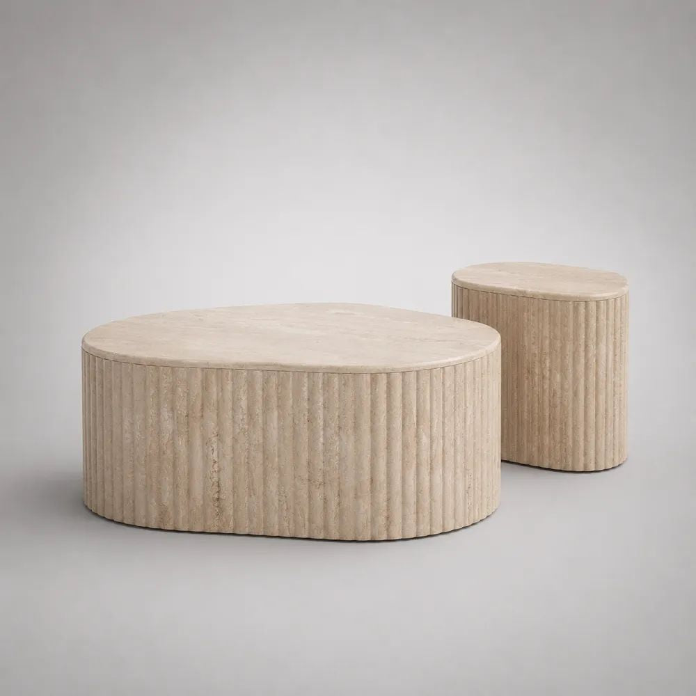 2-teiliges Couchtisch-Set aus mineralischem Kunststein in Travertinoptik, organische Form, Beige, 100 × 70 × 35 cm und 45 × 40 × 50 cm