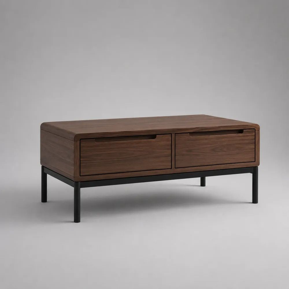 Couchtisch mit 2 Schubladen aus MDF mit Walnussfurnier und schwarzem Stahlgestell, Walnussbraun/Schwarz, 100 x 55 x 45 cm