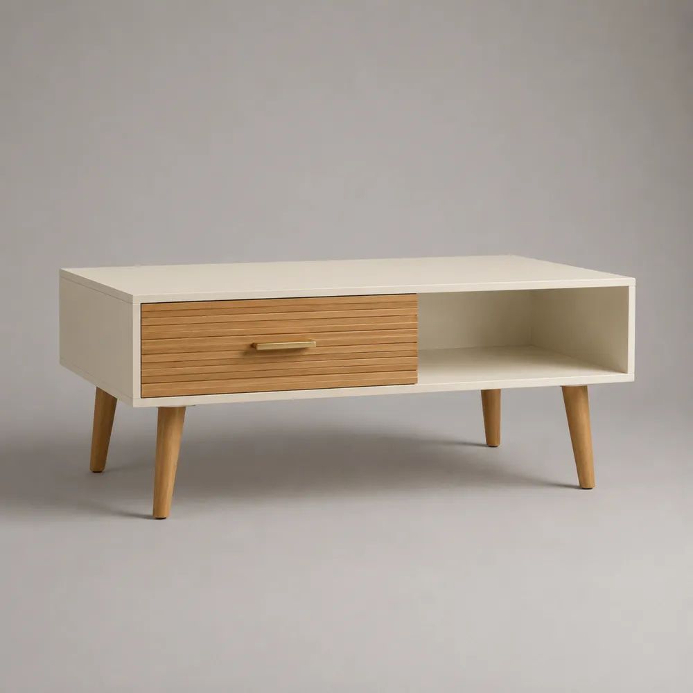 Rechteckiger Couchtisch mit Schublade und offenem Fach aus lackiertem MDF und Bambus, Weiß/Natur, 100 × 50 × 45 cm