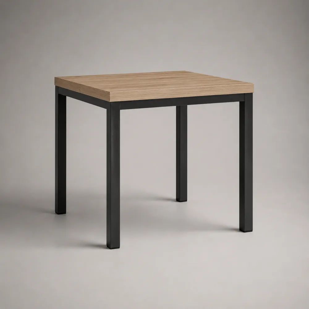 Quadratischer Gartentisch aus Holz und Stahl, Eichenholzoptik Natur/Schwarz, 80 × 80 × 75 cm