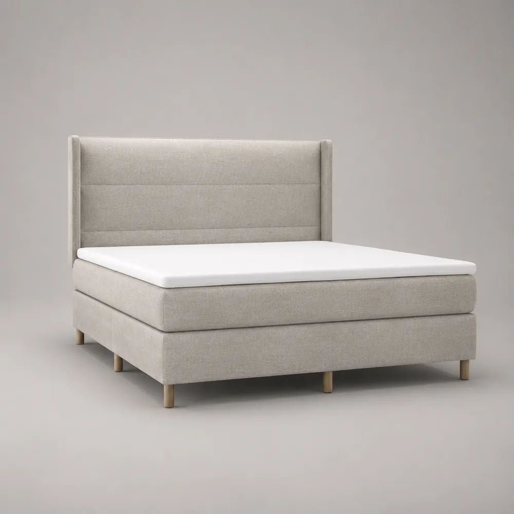 Boxspringbett-Set mit gepolstertem Kopfteil, Matratze und Topper, Beige/Weiß/Natur, Liegefläche 160 x 200 cm, Gesamtmaß 170 x 215 x 120 cm