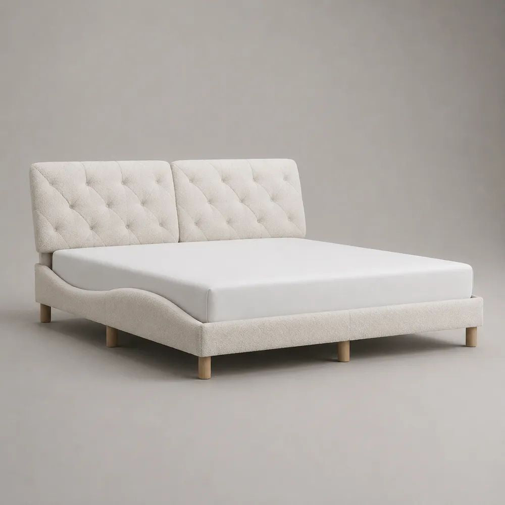 Polsterbett Doppelbett mit Knopfheftung und geschwungenem Rahmen aus Polyester-Bouclé, Cremeweiß/Natur, 160 x 200 cm