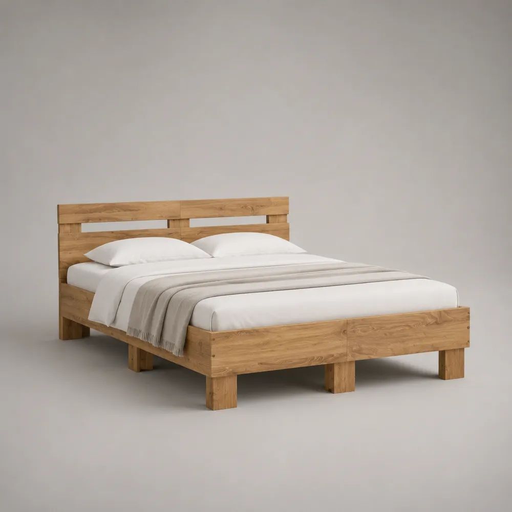 Doppelbett aus massivem Eichenholz mit Kopfteil, Naturbraun, Liegefläche 180 × 200 cm
