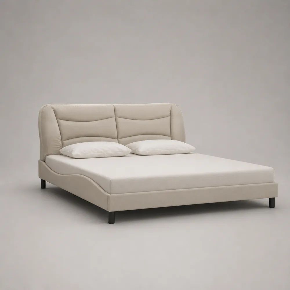 Polsterbett 180 × 200 cm mit gepolstertem Kopfteil, Polyester-Mikrofaser, Cremeweiß/Schwarz