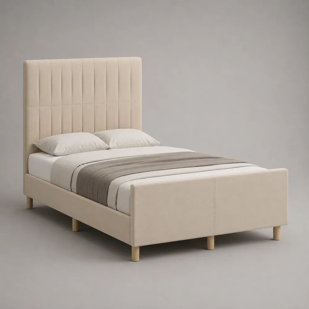 Polsterbett 160 x 200 cm mit Lattenrost, hohem Kopfteil und Fußteil, Polyesterbezug, Beige