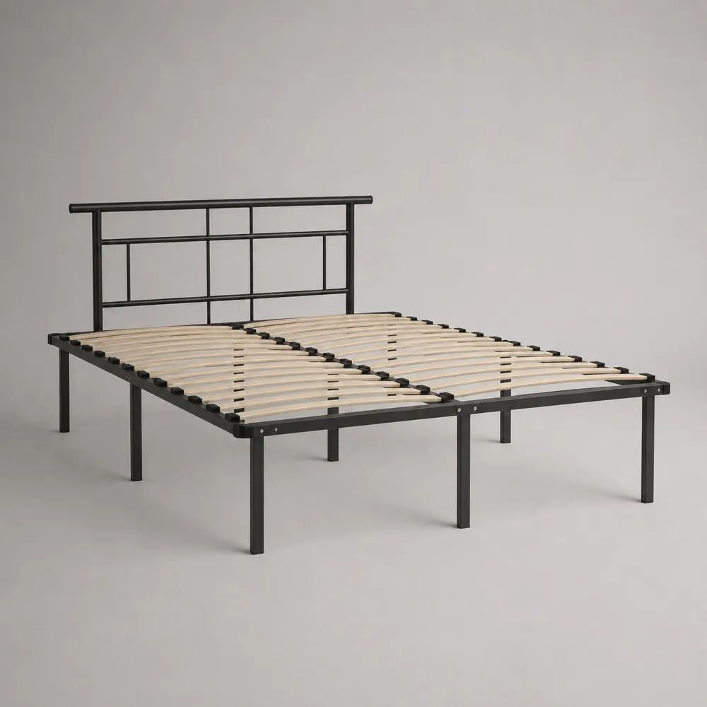Metallbett 160 x 200 cm mit Kopfteil, Stahlrahmen und Holzlatten, Schwarz/Natur