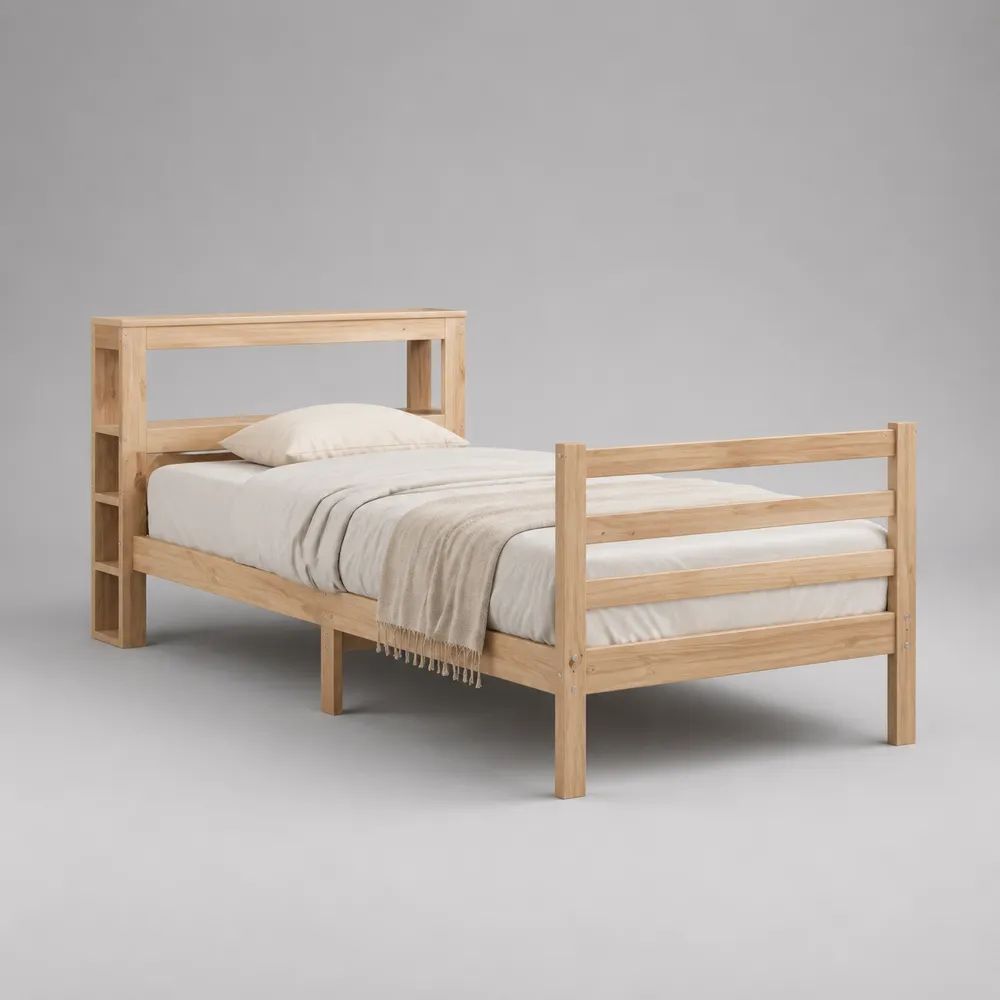 Kinderbett 90 × 200 cm aus massivem Kiefernholz mit Kopfteil-Regal, Natur, 216 × 99 × 120 cm