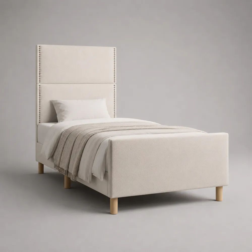 Polsterbett Einzelbett mit hohem Kopfteil, Stoffbezug in Creme, naturfarbene Holzfüße, Liegefläche 90 x 200 cm