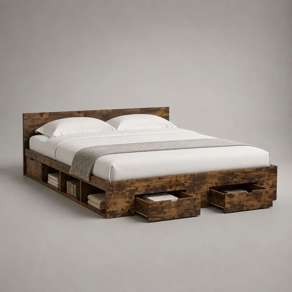 Stauraumbett Doppelbett 160 x 200 cm aus melaminbeschichteter Spanplatte mit 2 Schubladen und Ablagefächern, Gesamtmaß 218 x 166 x 100 cm, Dunkelbraun