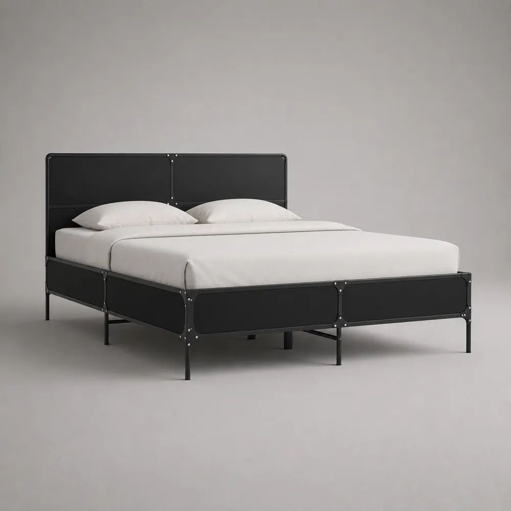 Metallbett-Doppelbett mit Kopfteil, Stahlrahmen, Schwarz, Liegefläche 160 × 200 cm, Gesamtmaß 207 × 166 × 110 cm