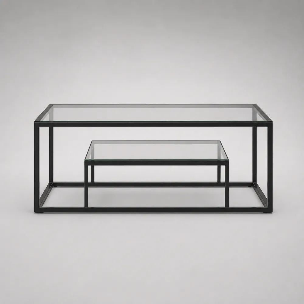 2-teiliges rechteckiges Couchtisch-Set aus Glas und Stahl, Schwarz/Transparent, 100 × 50 × 45 cm und 60 × 40 × 30 cm
