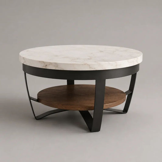 Runder Couchtisch aus MDF und Stahl mit Ablage, Marmoroptik, Weiß/Grau/Braun/Schwarz, Ø 80 × H 45 cm