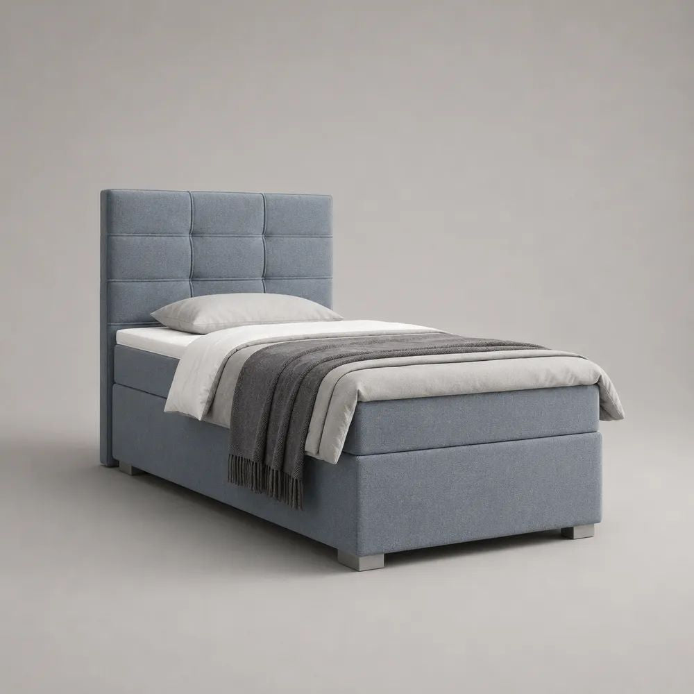 Boxspringbett 90 x 200 cm mit Taschenfederkernmatratze, Polyesterbezug und gepolstertem Kopfteil, Hellblau
