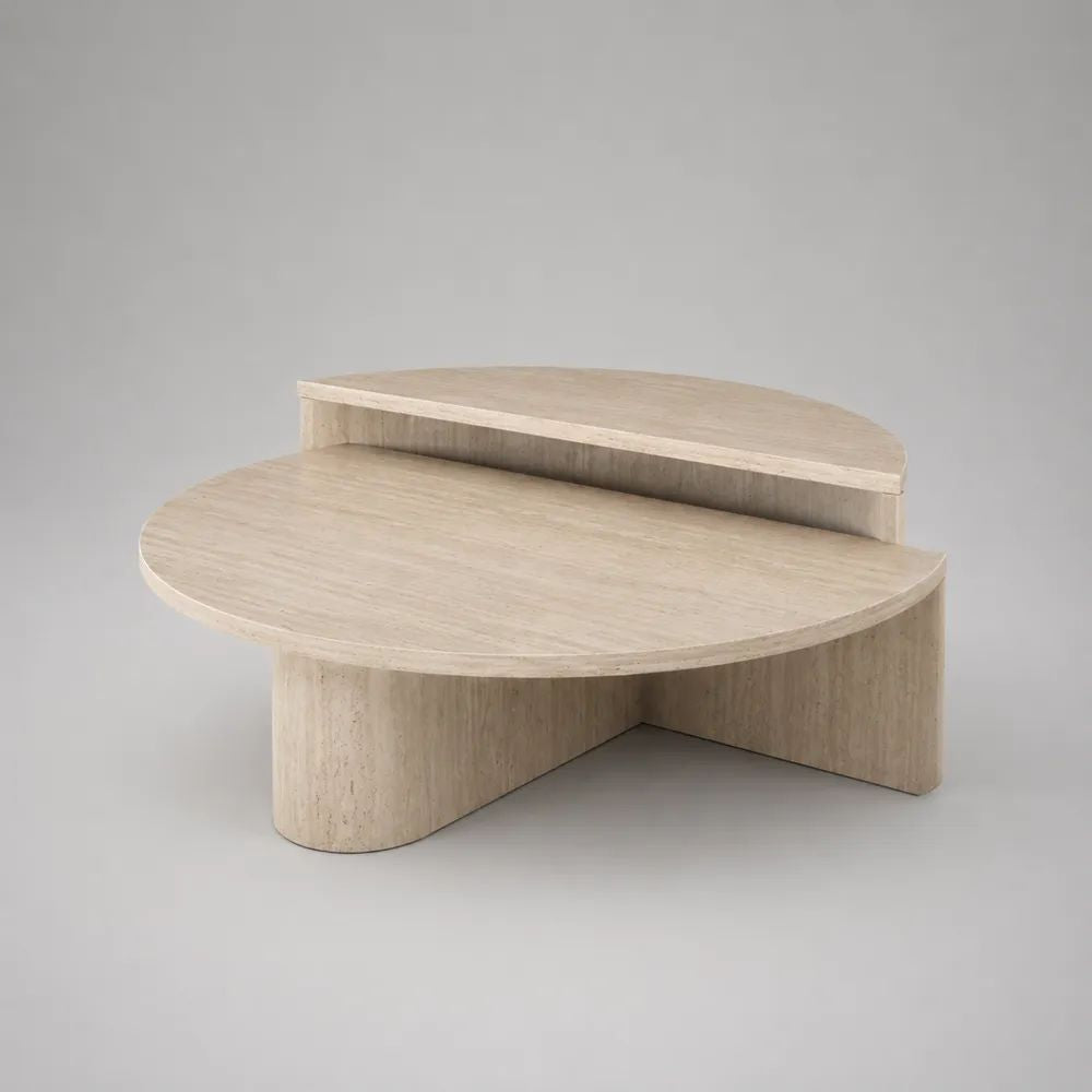 Couchtisch mit 2 Ebenen aus MDF in Travertinoptik, organische Form, Beige/Hellbraun, 100 × 70 × 42 cm