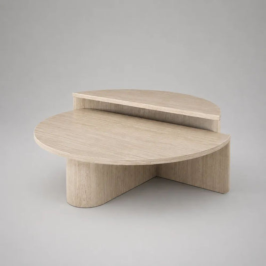 Couchtisch mit 2 Ebenen aus MDF in Travertinoptik, organische Form, Beige/Hellbraun, 100 × 70 × 42 cm
