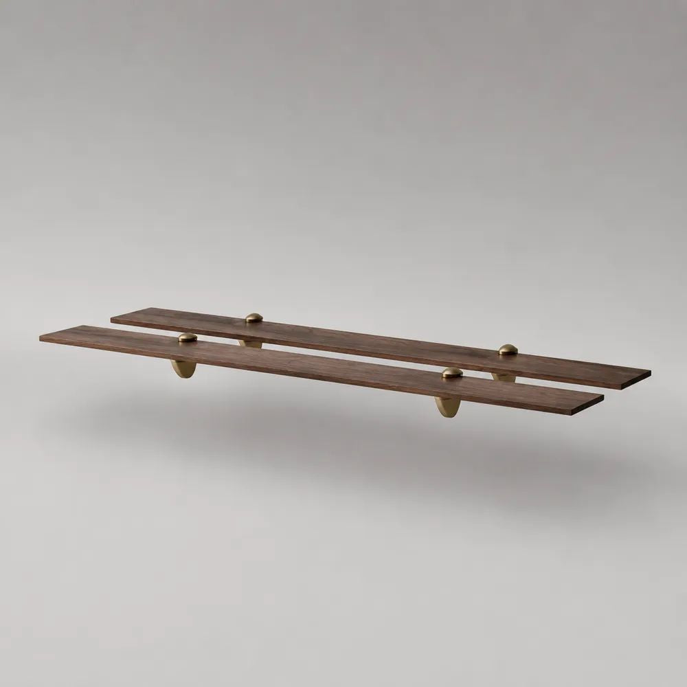 Wandregal aus massivem Walnussholz mit 2 Ablageleisten, Dunkelbraun/Messingfarben, 150 × 21 × 9 cm