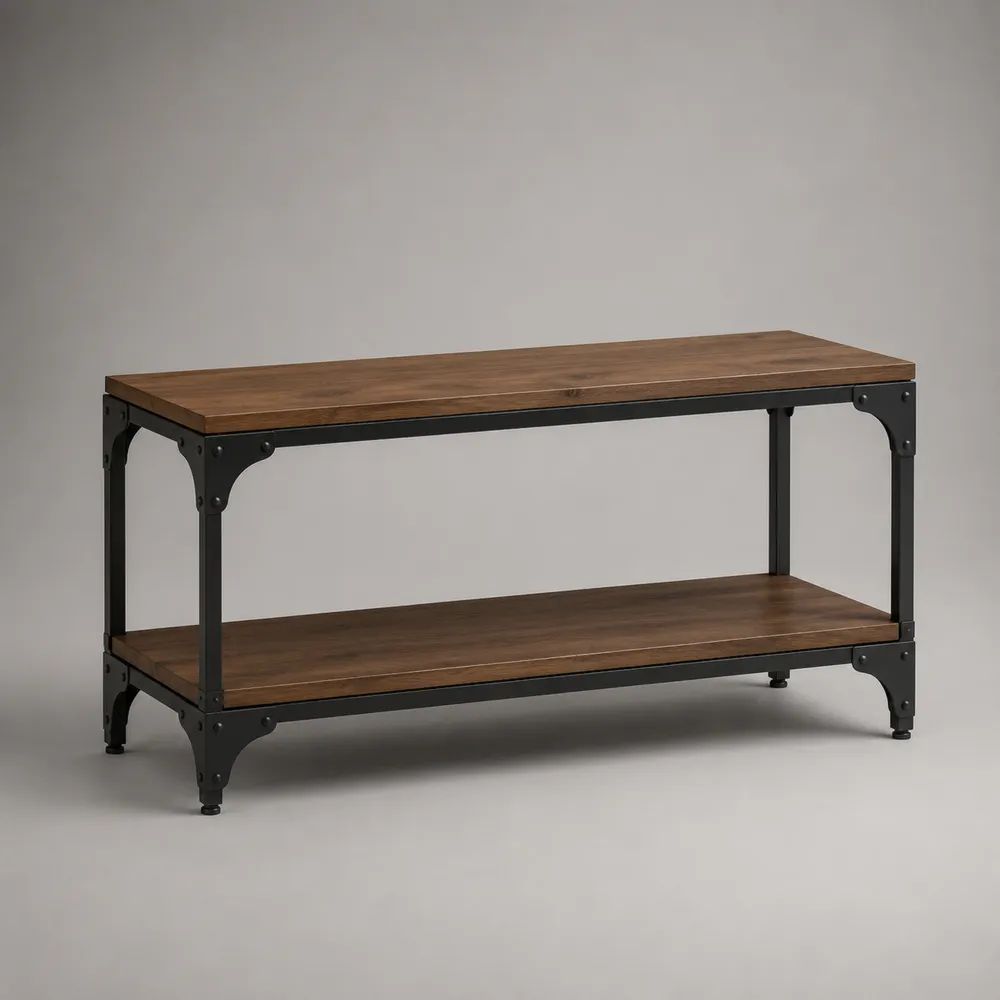 Rechteckiger Couchtisch aus massivem Kiefernholz und pulverbeschichtetem Stahl mit Ablage, Braun/Schwarz, 100 × 50 × 50 cm