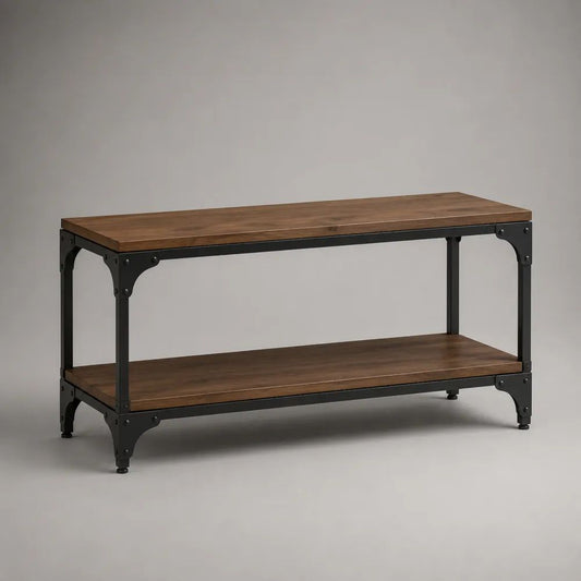Rechteckiger Couchtisch aus massivem Kiefernholz und pulverbeschichtetem Stahl mit Ablage, Braun/Schwarz, 100 × 50 × 50 cm