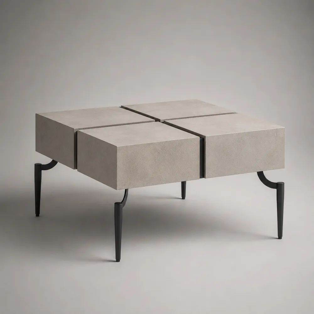 Quadratischer Couchtisch aus MDF in Betonoptik mit Stahlbeinen, Hellgrau/Schwarz, 80 × 80 × 45 cm
