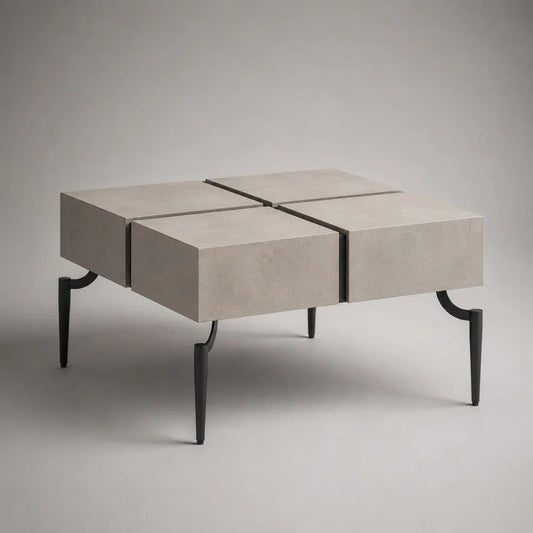 Quadratischer Couchtisch aus MDF in Betonoptik mit Stahlbeinen, Hellgrau/Schwarz, 80 × 80 × 45 cm