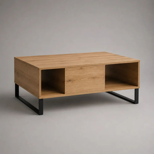 Rechteckiger Couchtisch aus Spanplatte und Stahl mit Stauraum, Eiche natur/Schwarz, 100 × 60 × 45 cm