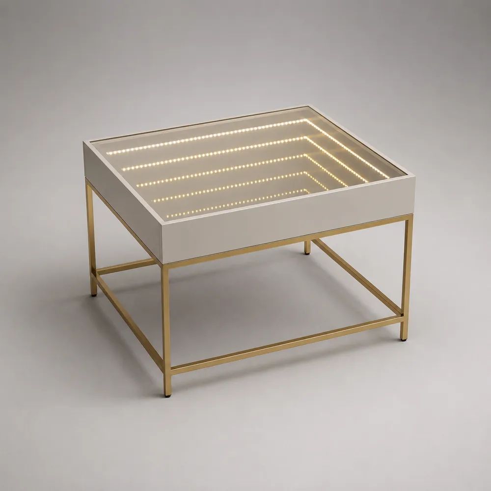 Quadratischer LED-Couchtisch mit Unendlichkeitsspiegeleffekt aus Glas, MDF und Stahl, Weiß/Gold/Rauchgrau, 60 × 60 × 50 cm