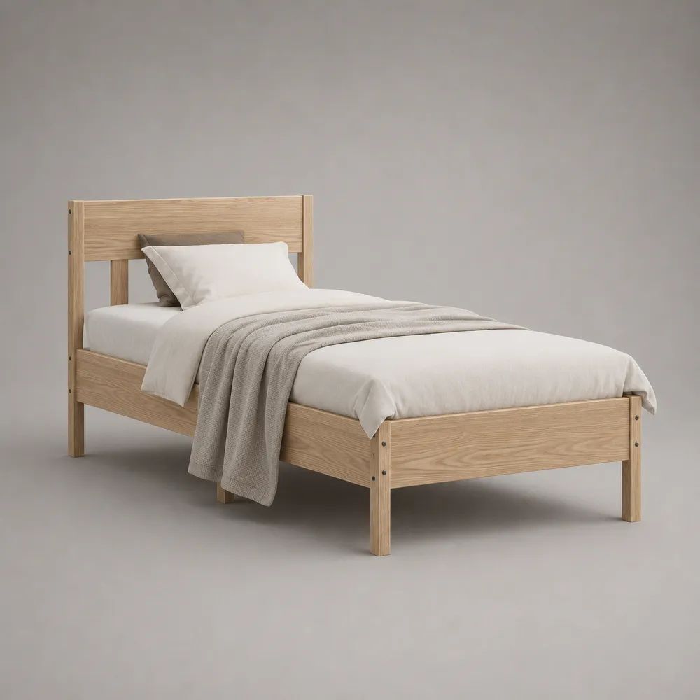 Einzelbett-Bettgestell mit Kopfteil aus massivem Kiefernholz in Natur, Liegefläche 90 × 200 cm, Gesamtmaß 98 × 208 × 100 cm