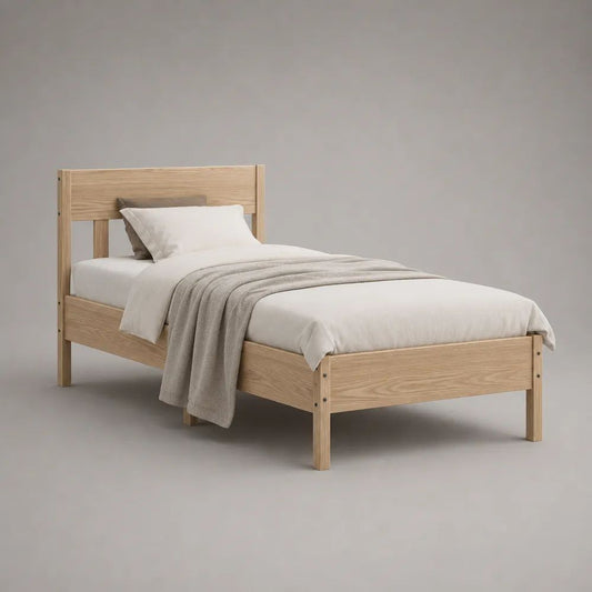 Einzelbett-Bettgestell mit Kopfteil aus massivem Kiefernholz in Natur, Liegefläche 90 × 200 cm, Gesamtmaß 98 × 208 × 100 cm