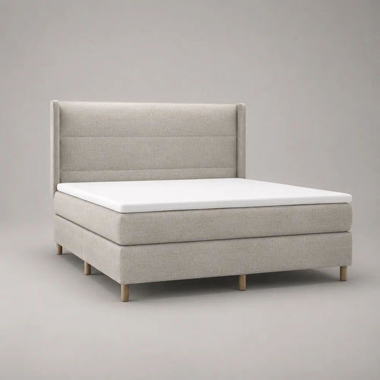 Boxspringbett-Set mit gepolstertem Kopfteil, Matratze und Topper, Beige/Weiß/Natur, Liegefläche 160 x 200 cm, Gesamtmaß 170 x 215 x 120 cm