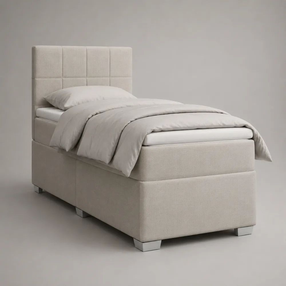 Boxspringbett mit Bonellfederkernmatratze, gepolstertes Einzelbett 90 × 200 cm, Beige/Weiß/Silber