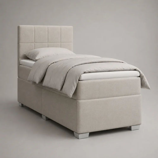 Boxspringbett mit Bonellfederkernmatratze, gepolstertes Einzelbett 90 × 200 cm, Beige/Weiß/Silber