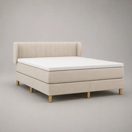 Boxspringbett 180 × 200 cm mit Matratze und Topper, Bouclé-Stoff, Beige/Gold/Weiß