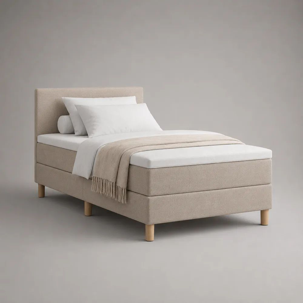 Boxspringbett Einzelbett mit Matratze und Topper, Polyesterbezug, Beige/Natur, Liegefläche 90 × 200 cm