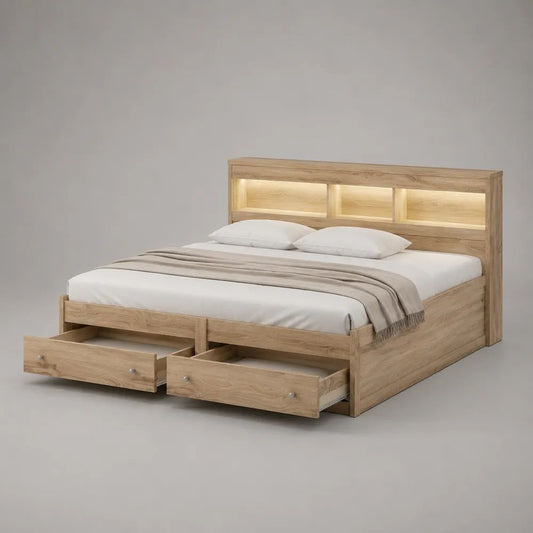 Doppelbett mit 2 Schubladen und LED-Kopfteil aus melaminbeschichteter Spanplatte, Eiche natur, 166 x 216 x 110 cm, Liegefläche 160 x 200 cm