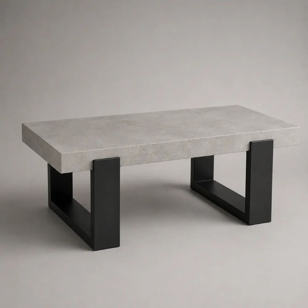 Rechteckiger Couchtisch aus MDF und Stahl in Betonoptik, Grau/Schwarz, 100 x 55 x 45 cm