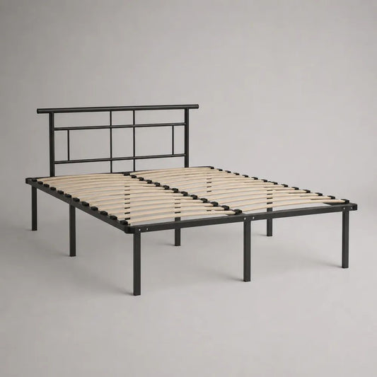 Metallbett 160 x 200 cm mit Kopfteil, Stahlrahmen und Holzlatten, Schwarz/Natur