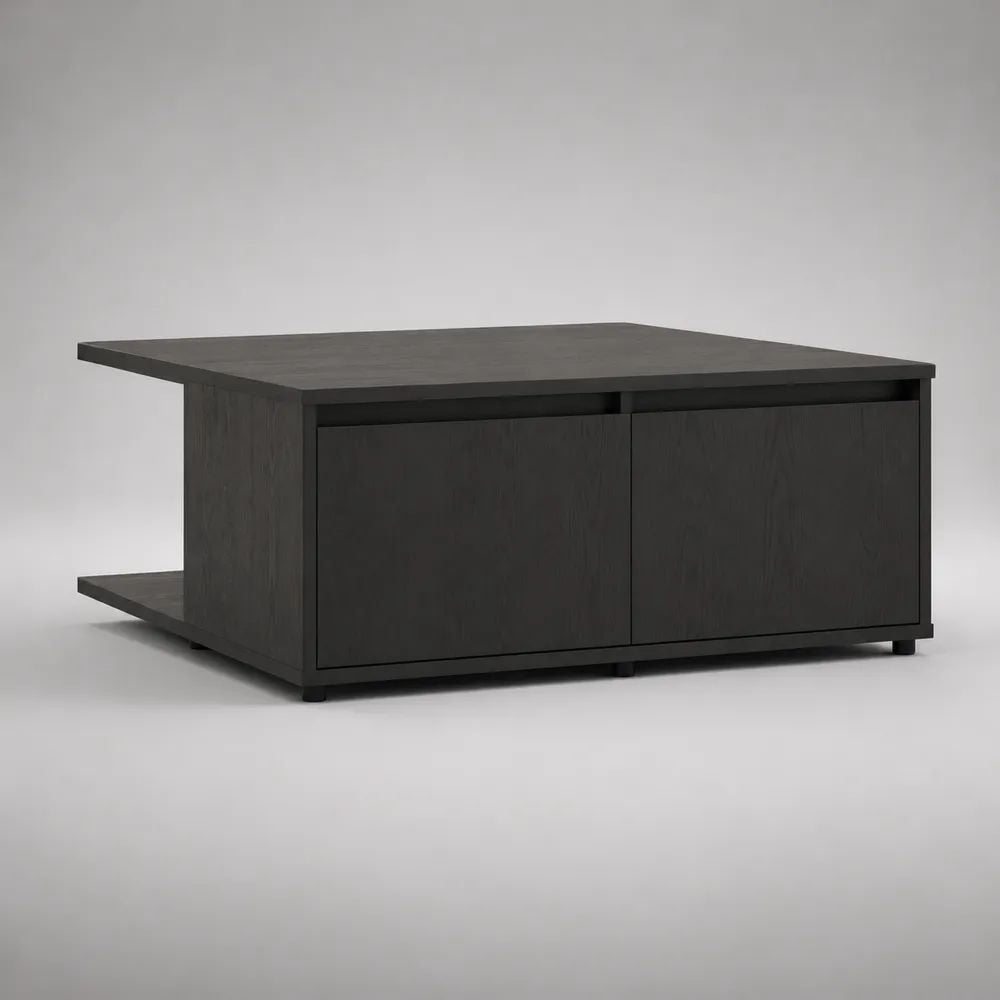 Rechteckiger Couchtisch mit 2 Türen und Seitenablage, melaminbeschichtete Spanplatte, Schwarz, 100 × 60 × 45 cm