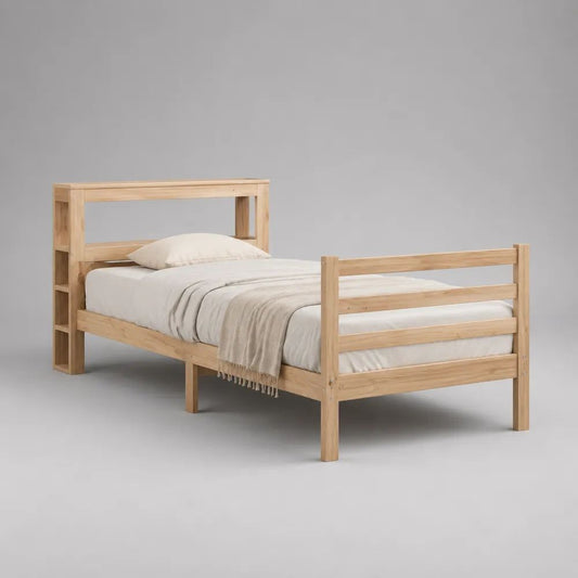 Kinderbett 90 × 200 cm aus massivem Kiefernholz mit Kopfteil-Regal, Natur, 216 × 99 × 120 cm