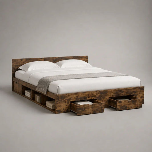 Stauraumbett Doppelbett 160 x 200 cm aus melaminbeschichteter Spanplatte mit 2 Schubladen und Ablagefächern, Gesamtmaß 218 x 166 x 100 cm, Dunkelbraun
