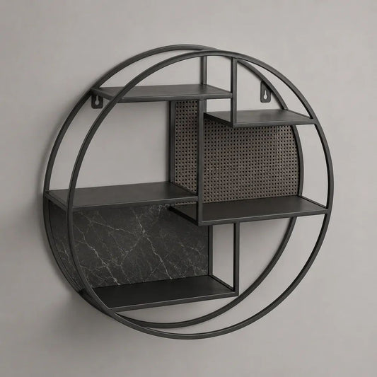 Rundes Wandregal aus pulverbeschichtetem Stahl mit 5 Ablagen, Schwarz/Grau, 80 × 80 × 18 cm