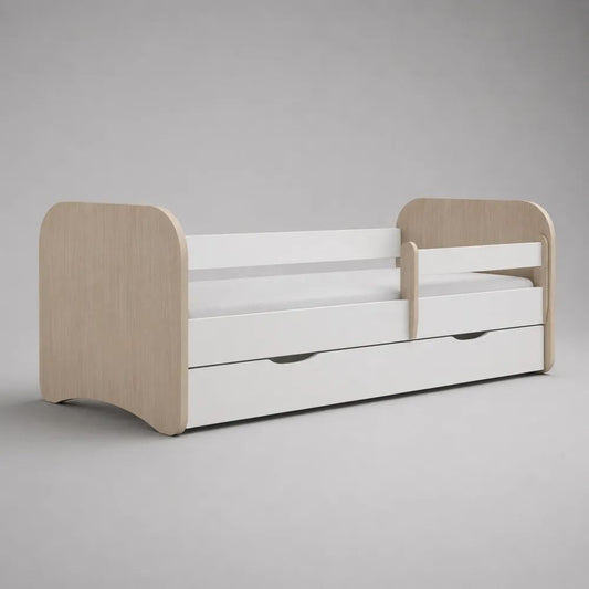 Kinderbett mit Schublade und Rausfallschutz aus MDF und Spanplatte, Weiß/Natur, 164 × 88 × 80 cm, Liegefläche 160 × 80 cm