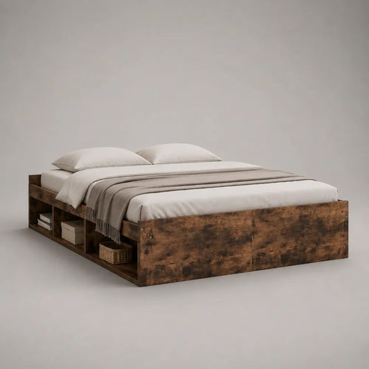Stauraumbett Doppelbett aus melaminharzbeschichteter Spanplatte, Dunkelbraun, Liegefläche 160 x 200 cm, Gesamtmaß 205 x 166 x 50 cm