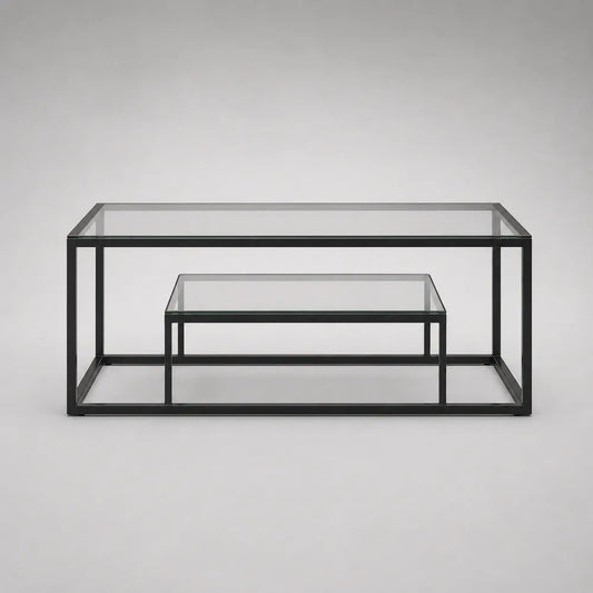 2-teiliges rechteckiges Couchtisch-Set aus Glas und Stahl, Schwarz/Transparent, 100 × 50 × 45 cm und 60 × 40 × 30 cm