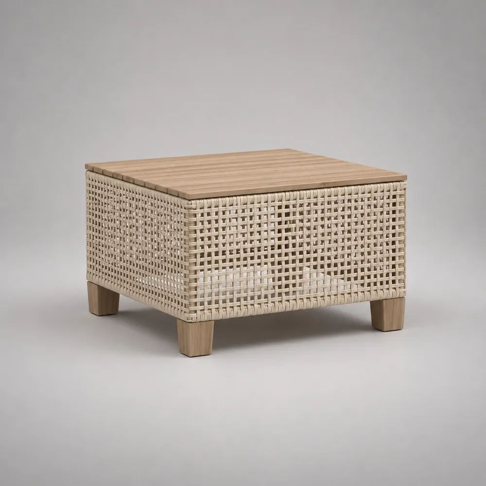 Quadratischer Gartentisch und Beistelltisch aus PE-Rattan und Akazien-Massivholz, Beige/Natur, 60 x 60 x 45 cm