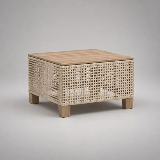 Quadratischer Gartentisch und Beistelltisch aus PE-Rattan und Akazien-Massivholz, Beige/Natur, 60 x 60 x 45 cm